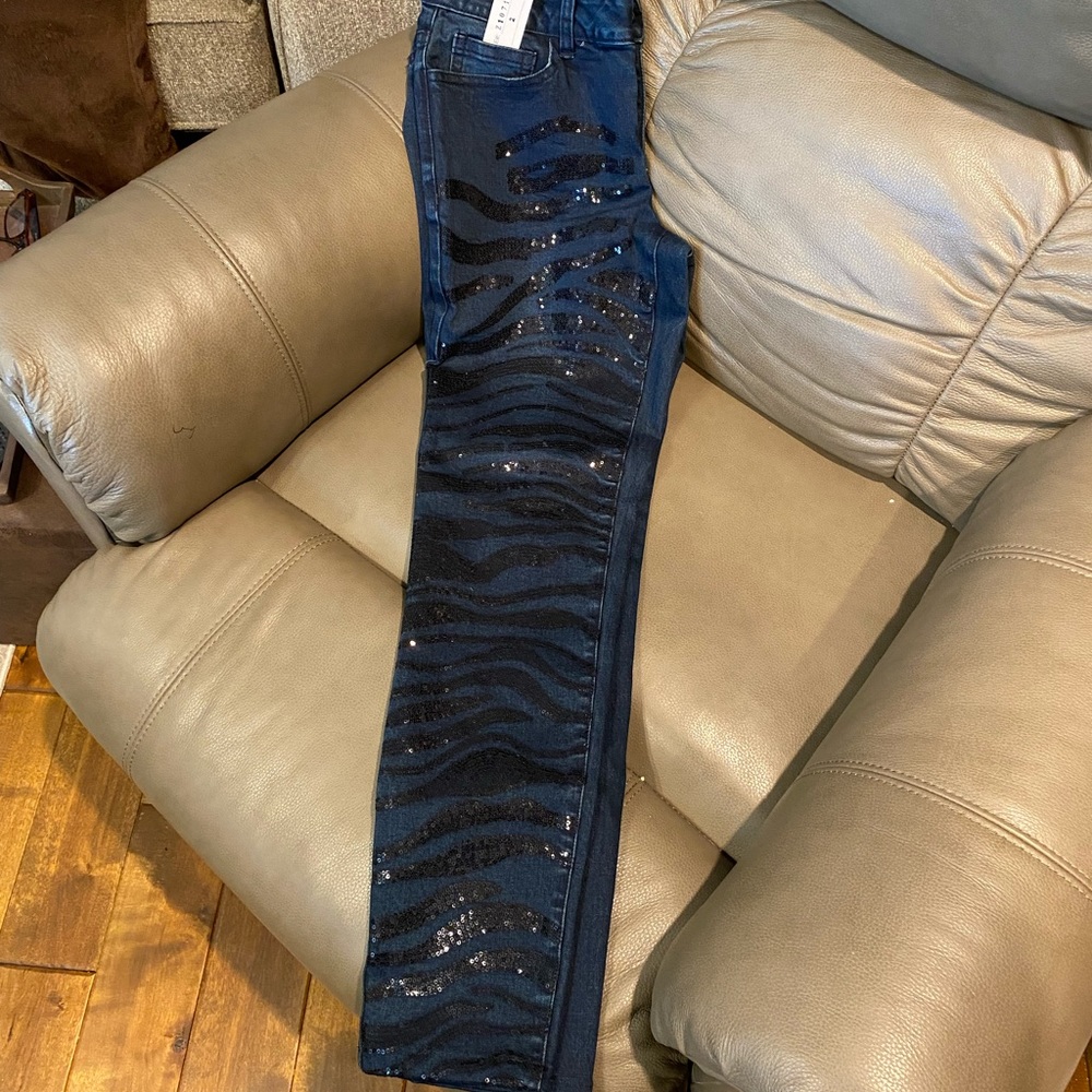 AZI Blue denim with black sequin pattern jeans.